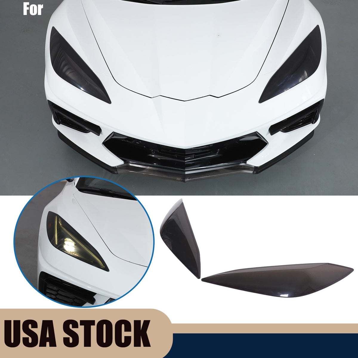 Transparent Gray Smoked Front Headlight Blackout Cover Trim For Corvette C8 20+ 1