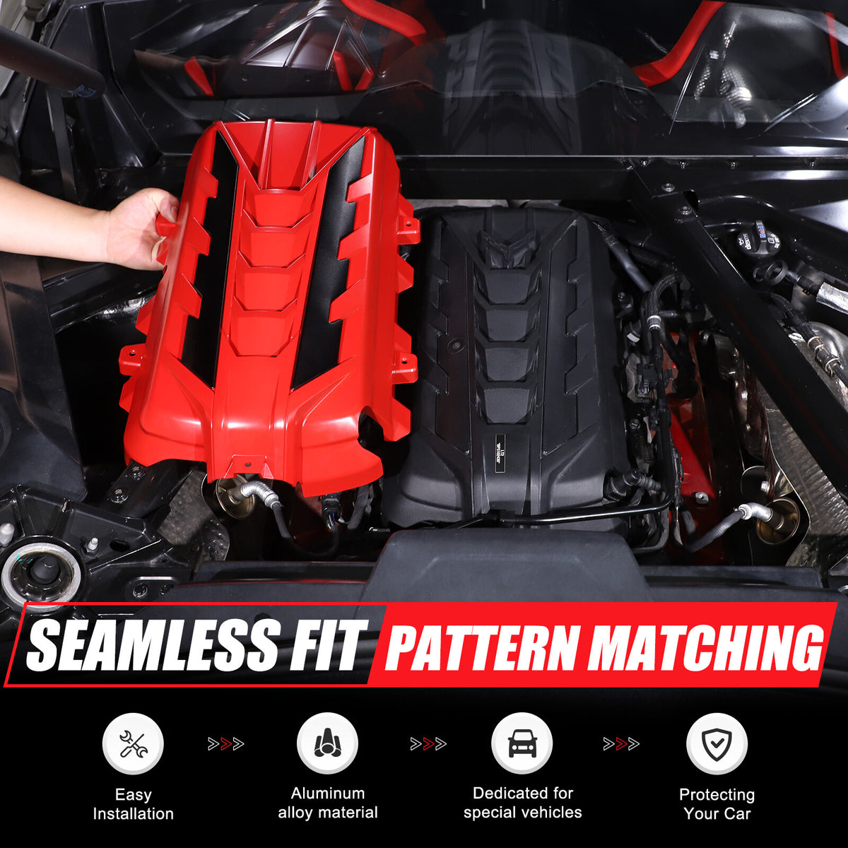 Red Engine Bay Panel Cover Trim in Edge Black For Corvette Coupe C8 2020-2026 US 16