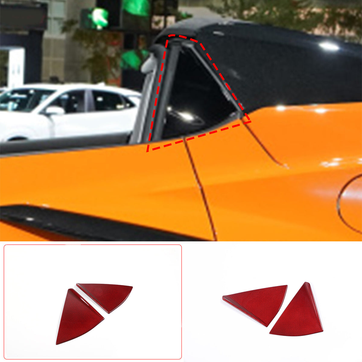 Red Real Carbon Window Triangle Cover Trim For Corvette C8 Convertible Z06 Z51 2
