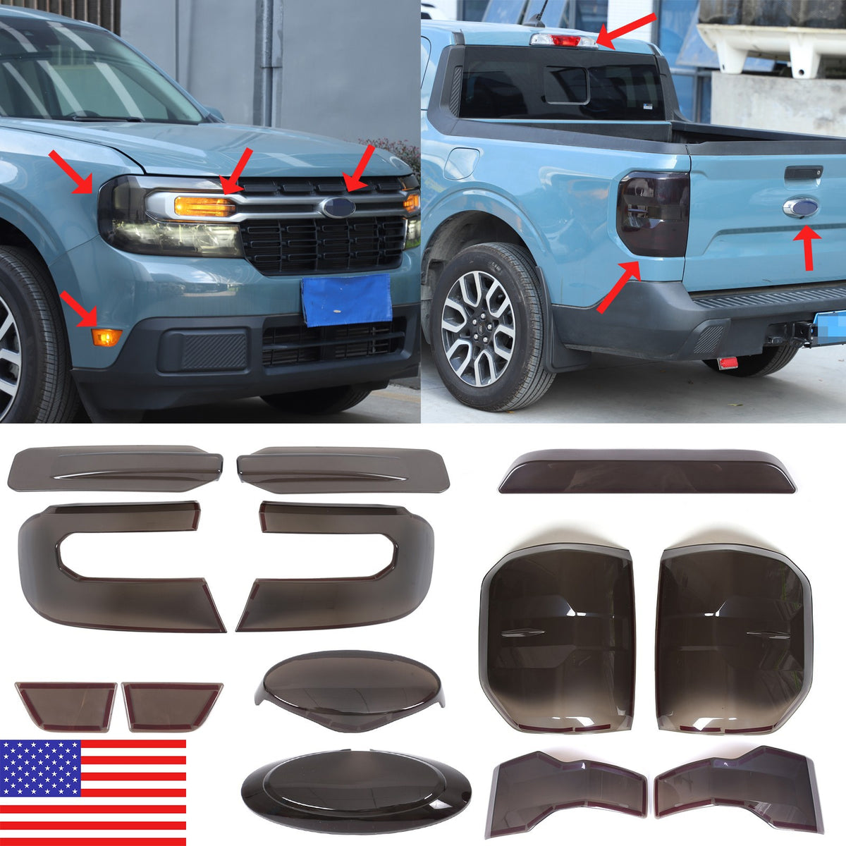 Smoked Black Front Rear Tail Light Emblem Cover Trim Set For Ford Maverick 22+ 1