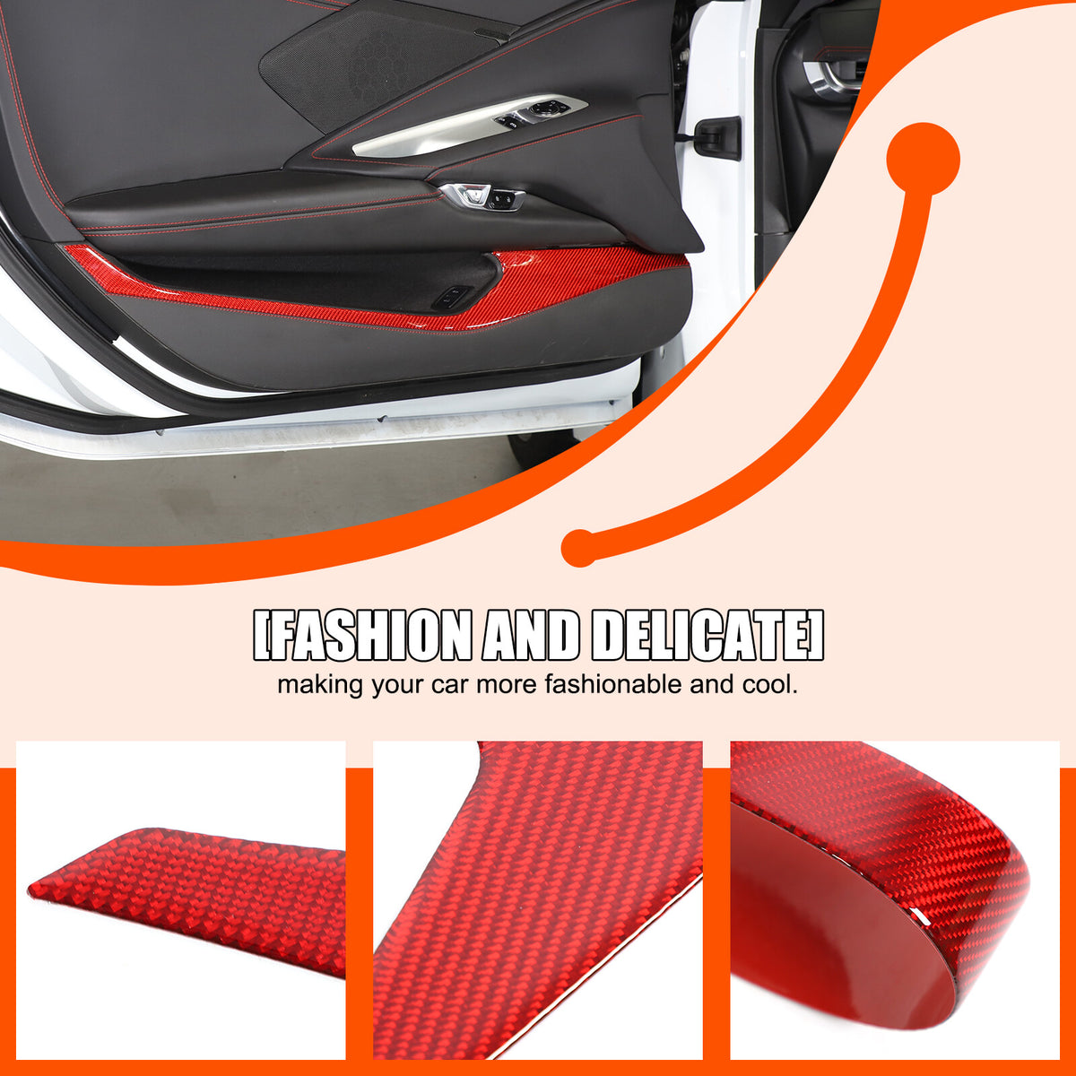 Red Carbon Fiber Interior Door Panel Anti Kick Trim Sticker For Corvette C8 US 12