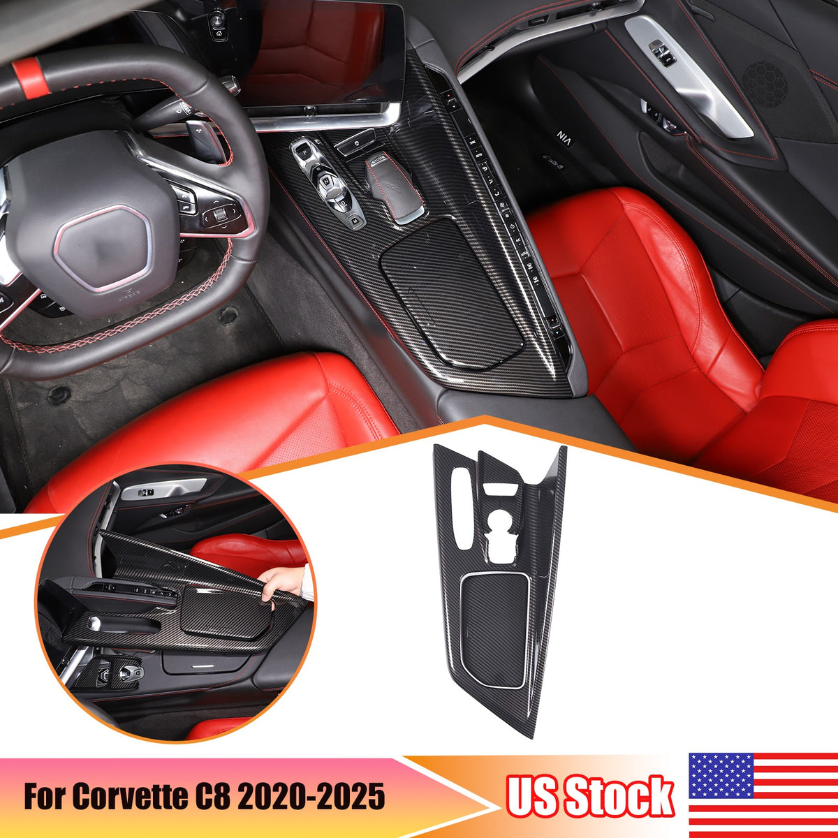 ABS Carbon Fiber Center Console Frame Trim Cover Fit for Corvette C8 2020-25 US 1