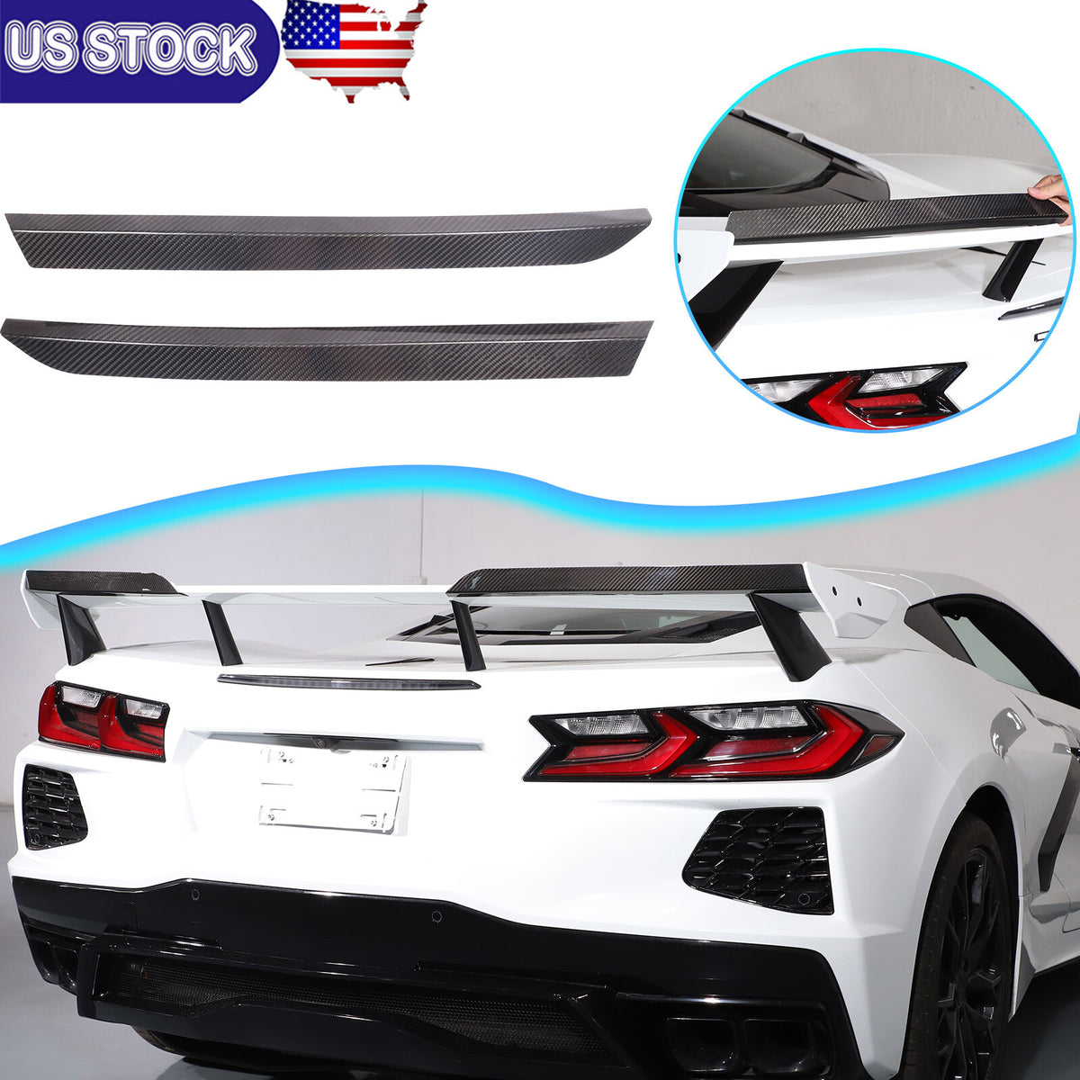 Real Carbon Fiber High Wing Spoiler Add-On Wicker Bill Pair For Corvette C8 20+ 1