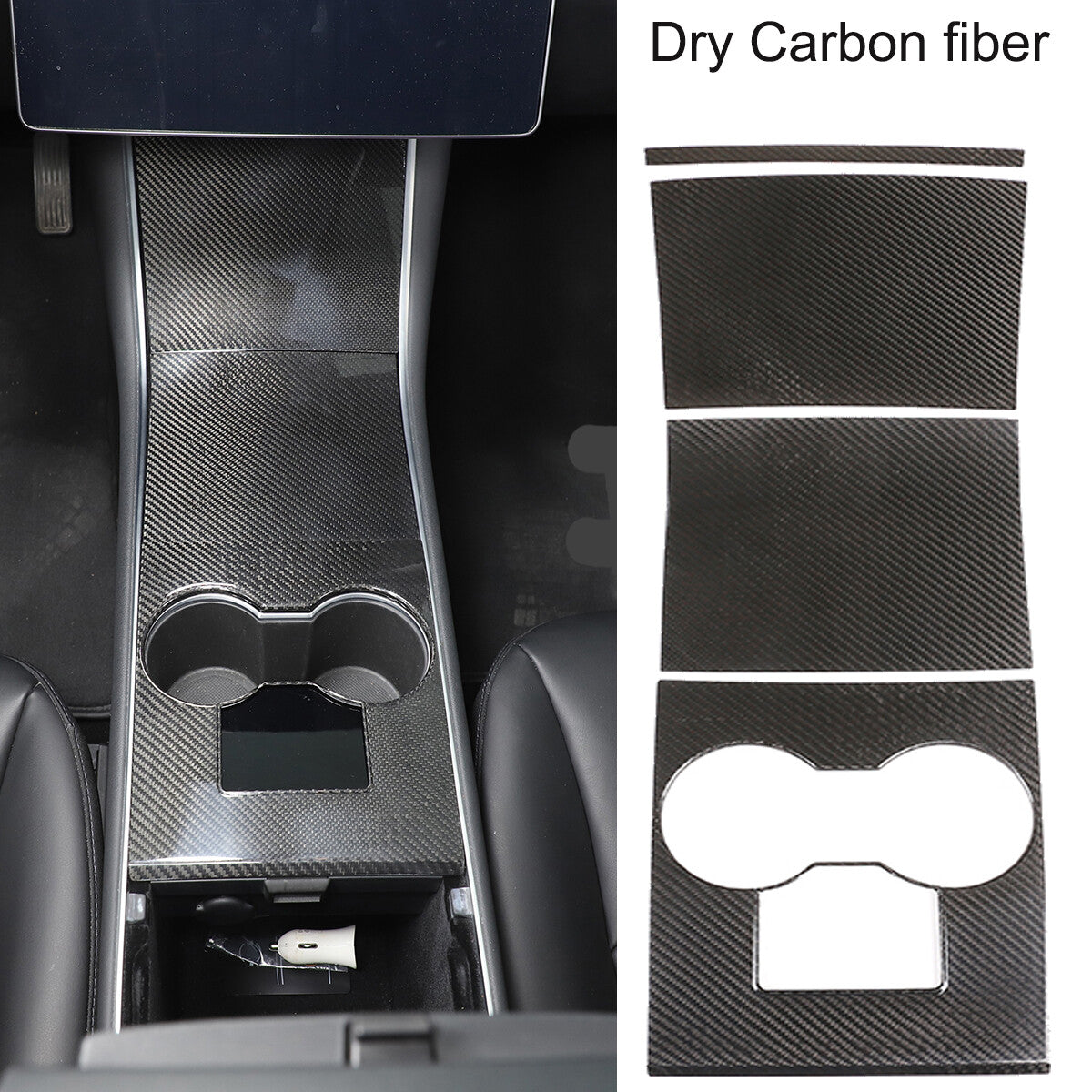 FOR 2017-2021 TESLA MODEL 3 REAL CARBON FIBER CENTER CONSOLE TRIM HARD COVER KIT 1