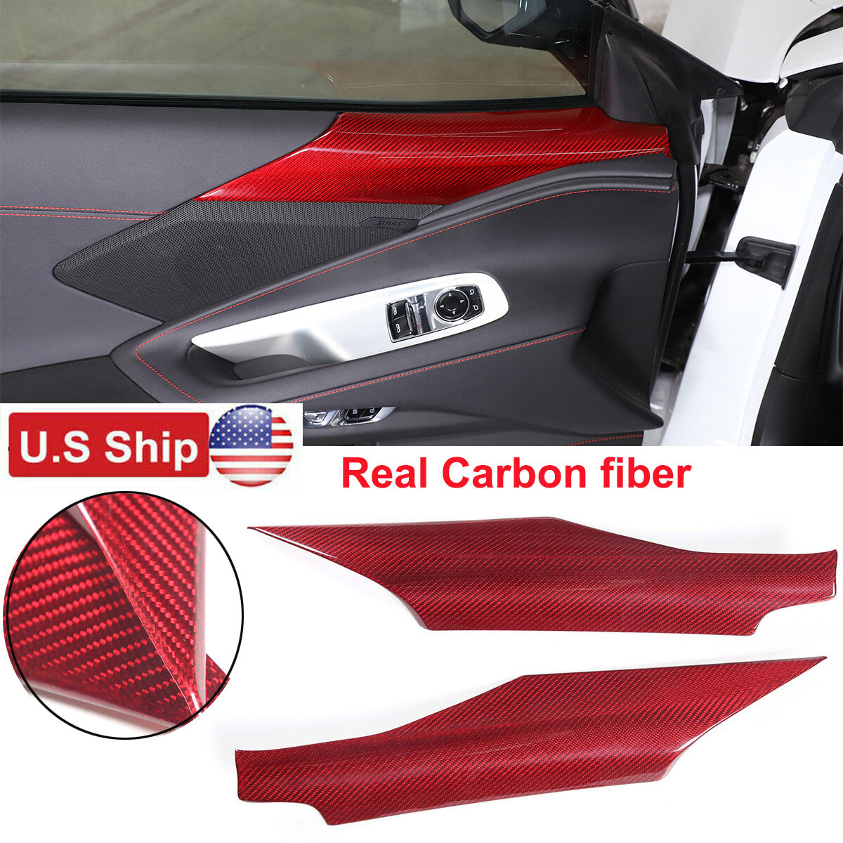 Red Real Carbon Fiber Interior Door Panel Trim Cover For Corvette C8 2020-26 US 1