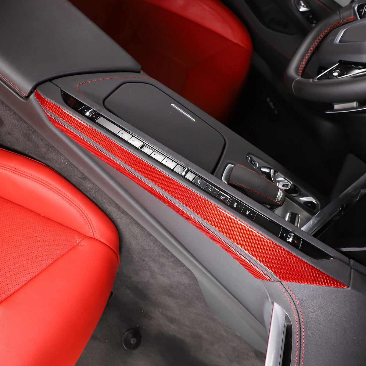 Red Soft Carbon Fiber Interior Decor Trim Kit Cover Set For Corvette C8 20-25 128