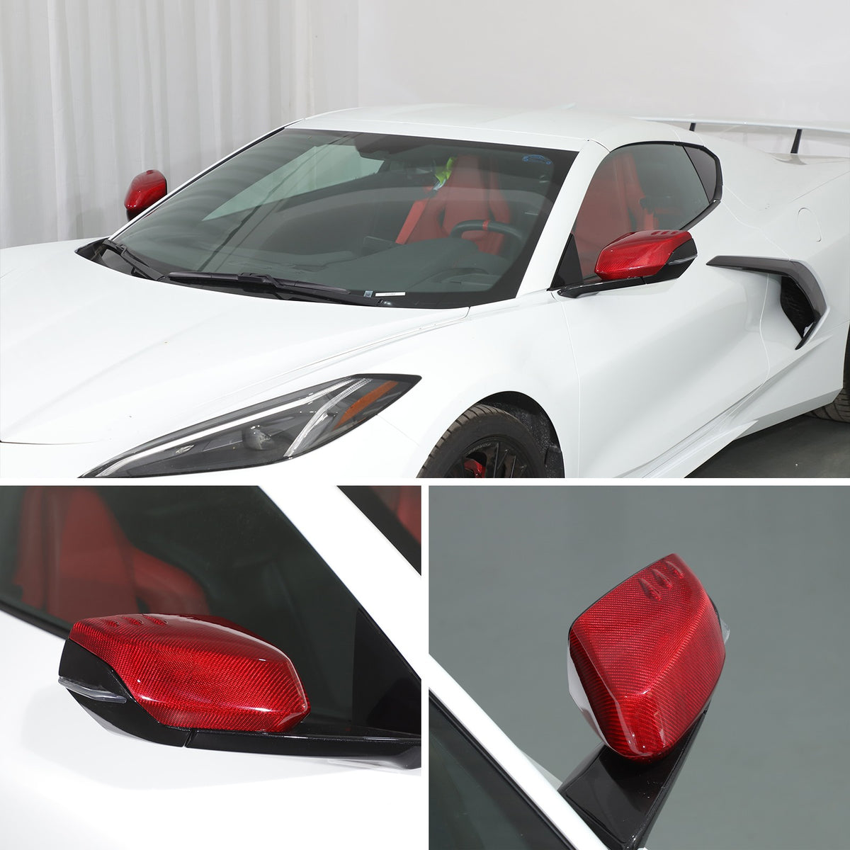Red Real Carbon Fiber Side Mirror Cover Trim W/Air Vent For Corvette C8 2020+ 4