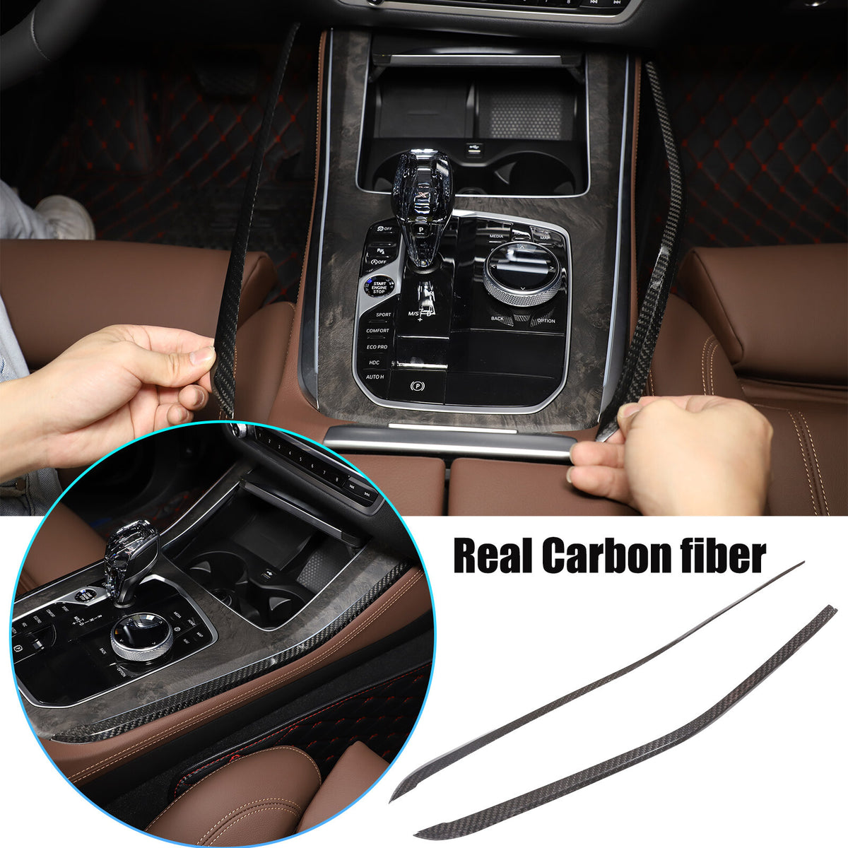 For BMW X5 X6 X7 2019-2022 Gear Shift Both Side Strip Trim Real Carbon Fiber 1