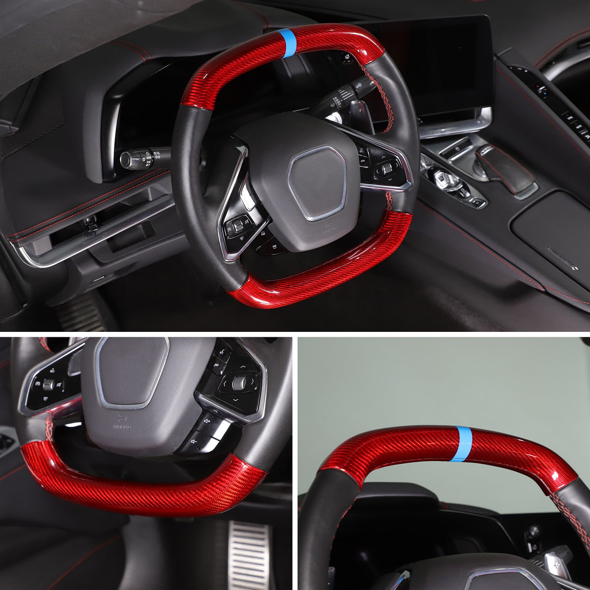 Red Real Carbon Fiber Blue Top Steering Wheel Cover Trim For Corvette C8 2020+ 4