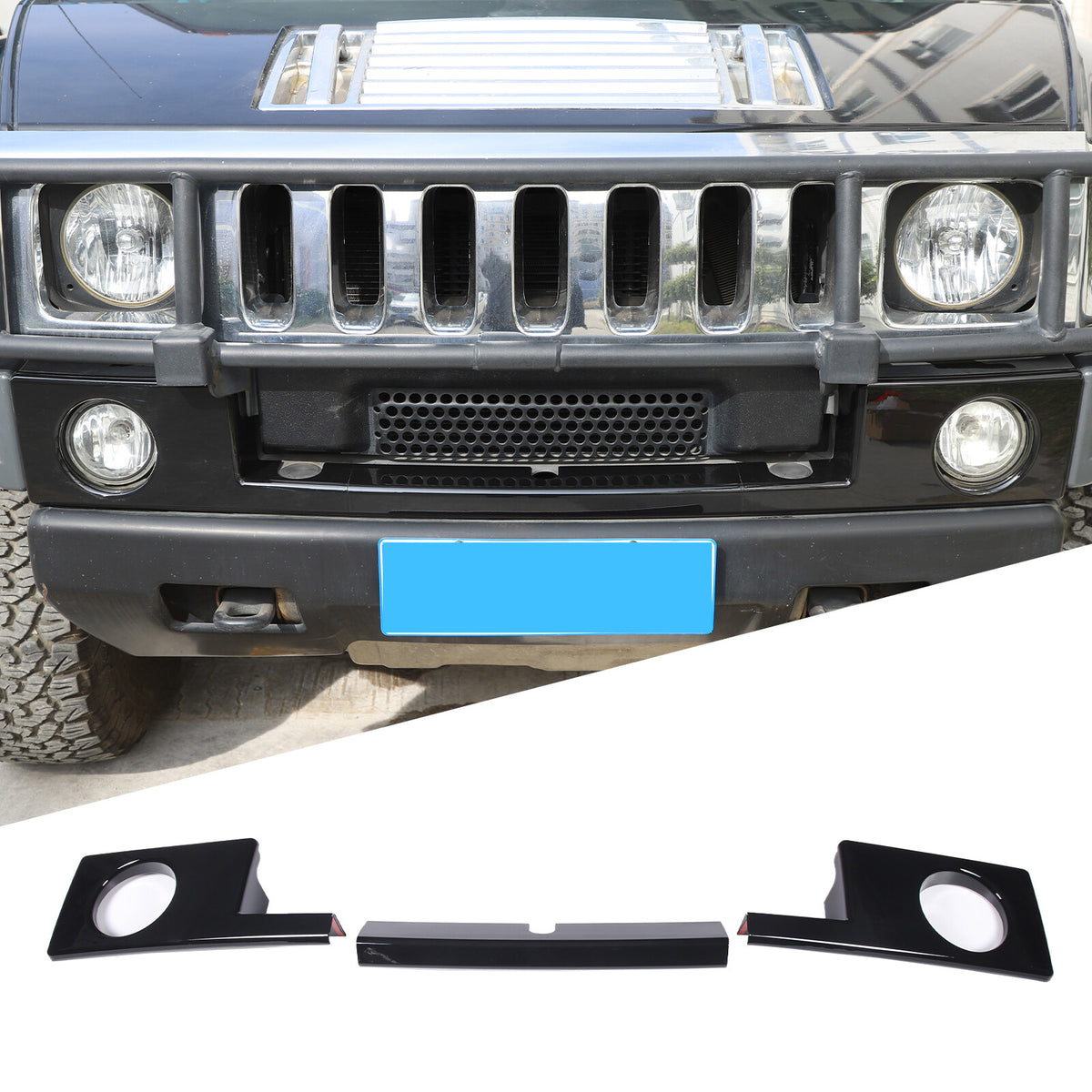 3PCS Glossy Black Front Bumper Side Lamp Trim Cover Trim For Hummer H2 03-09 US 2