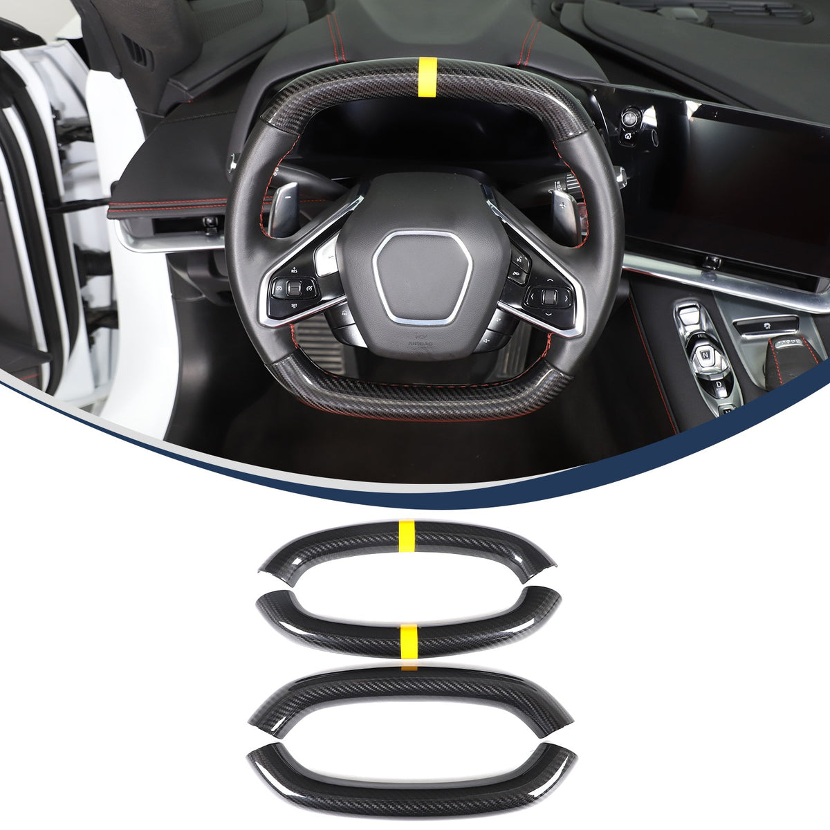 Yellow Top Real Carbon Fiber Steering Wheel Cover Trim For Corvette C8 20+ 2