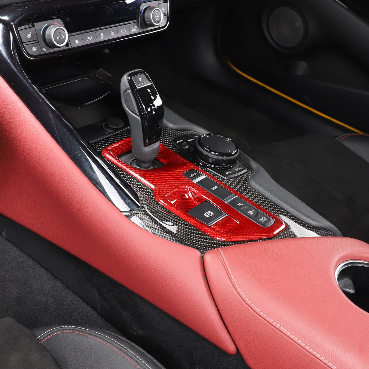 Red Carbon Car Central Console Gear Shift Panel Trim For Toyota Supra 19-22 9