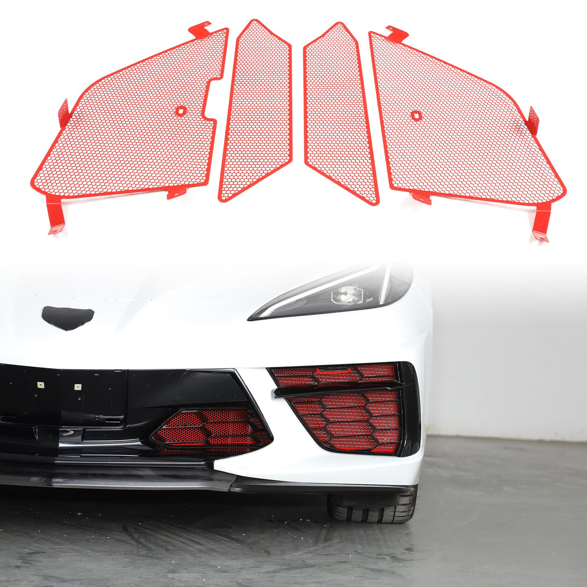 Red Steel Front Bumper Grille Mesh Screen Insect Guard For Corvette C8 2020 1