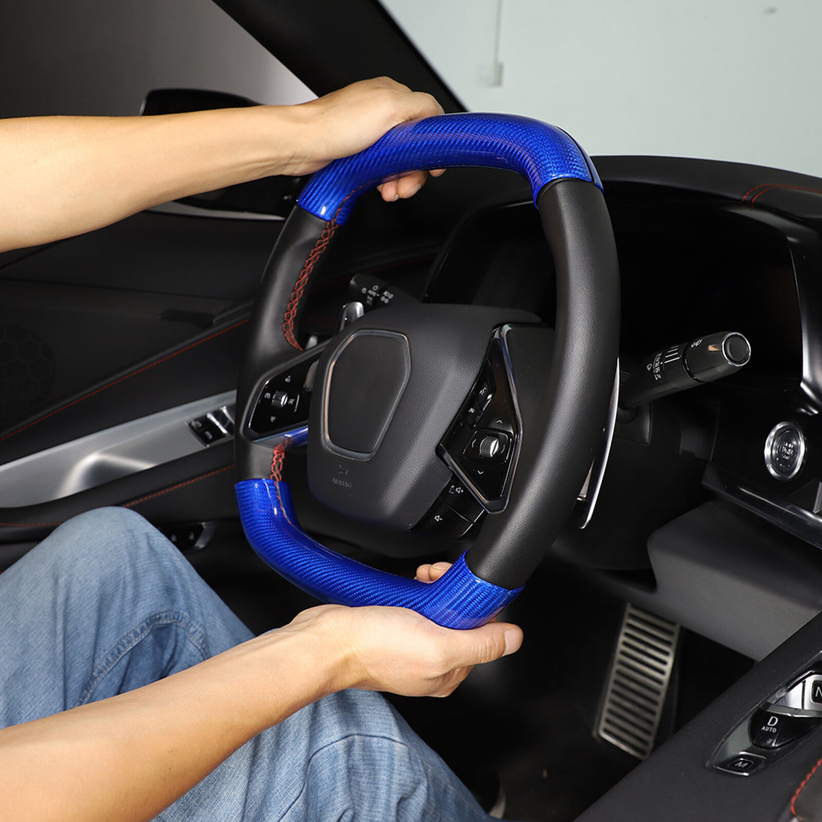 Blue Carbon Fiber Steering Wheel Top Lower Handle Cover Trim For C8 Corvette 10