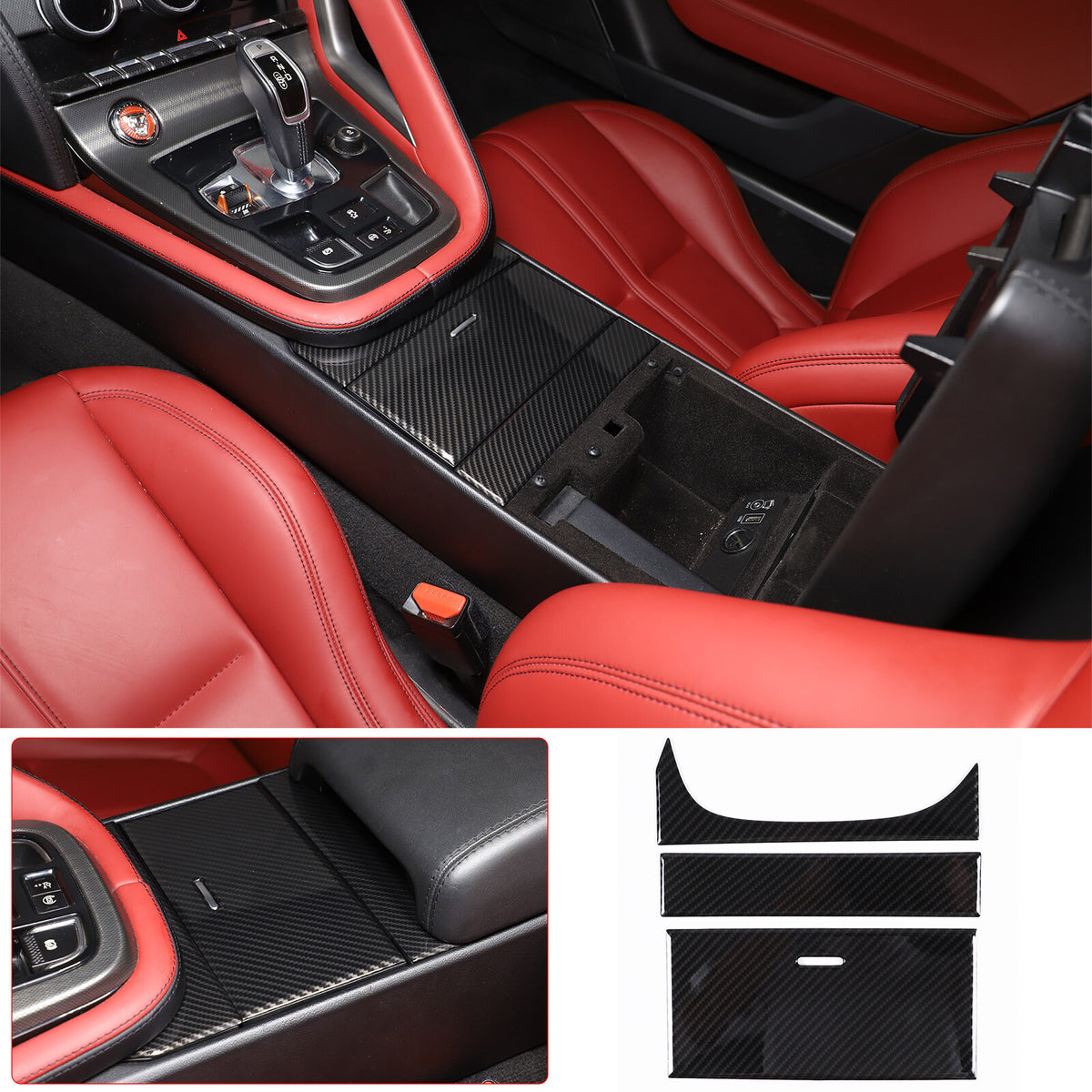 Carbon Fiber Center Armrest Box & Cup Panel Trim Kit for Jaguar F-TYPE 2013-24 2