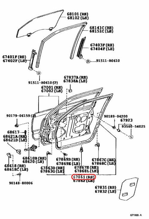 Toyota Genuine GS300/400/430 JZS160 Weather Strip Front Door RH 67861-30251 OEM 3