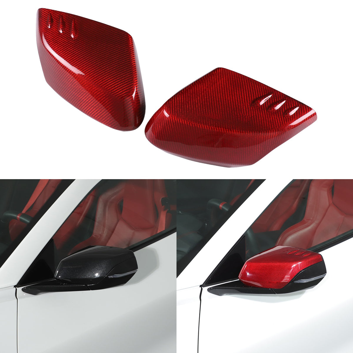 Red Real Carbon Fiber Side Mirror Cover Trim W/Air Vent For Corvette C8 2020+ 18
