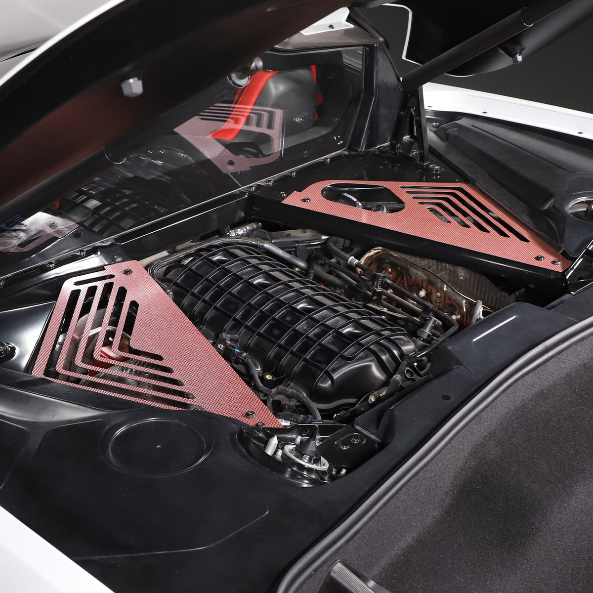 Pink Real Carbon fiber Engine Bay Side Panel Cover Overlay For Corvette C8 Coupe 9