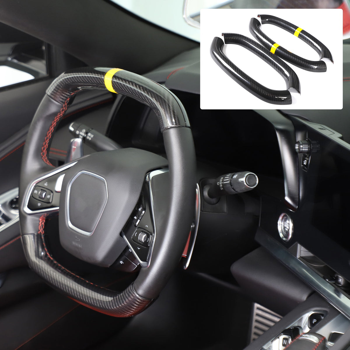 Yellow Top Real Carbon Fiber Steering Wheel Cover Trim For Corvette C8 20+ 21