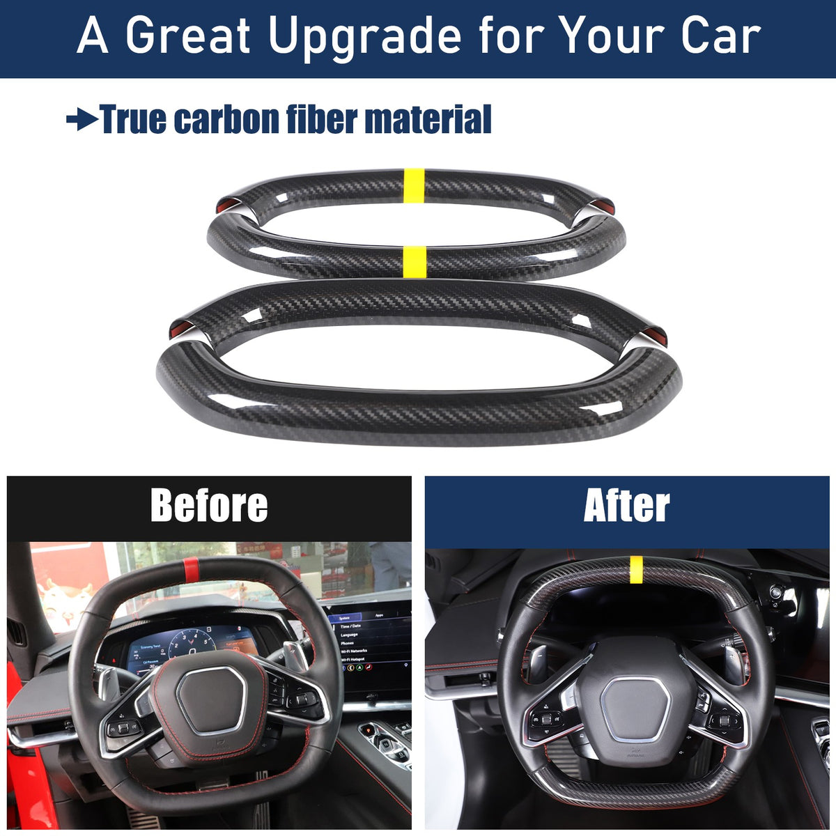 Yellow Top Real Carbon Fiber Steering Wheel Cover Trim For Corvette C8 20+ 24