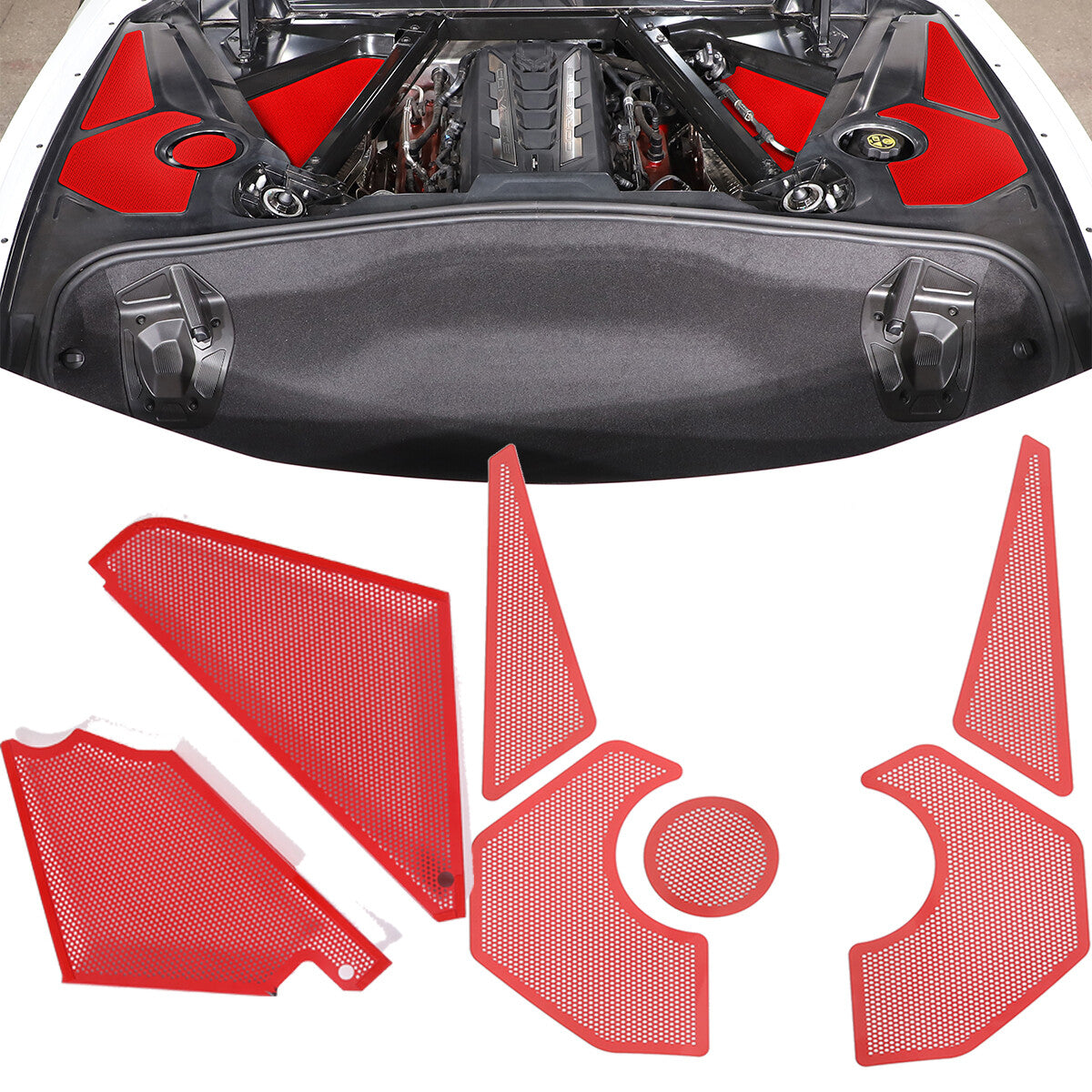 Red Steel Engine Hood Compartment Panel Trim Cover Set For Corvette C8 Z06 20-26 1