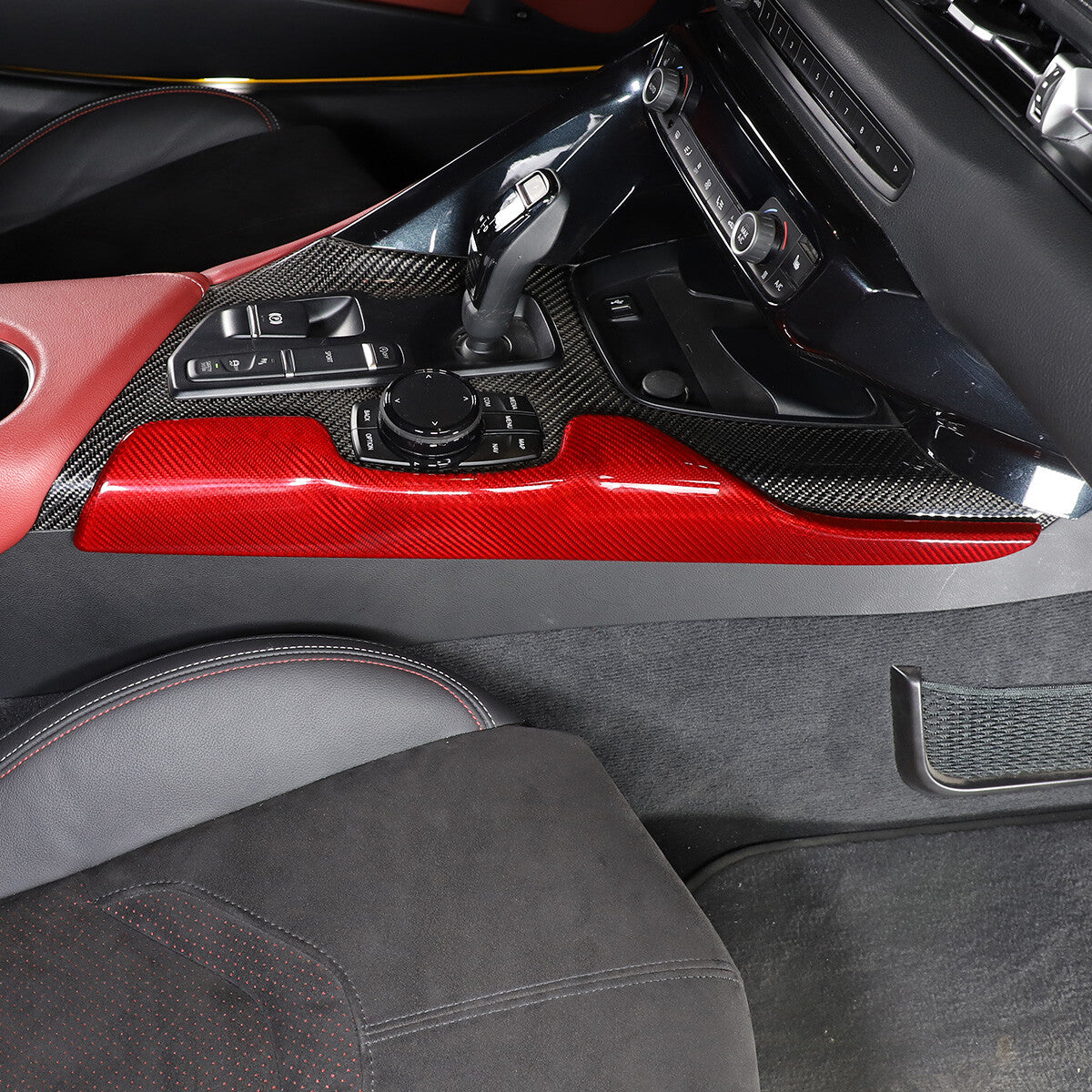 Red Carbon Fiber Console Gear Shift Side Trim Cover For Toyot-a Supra 2019-24 4