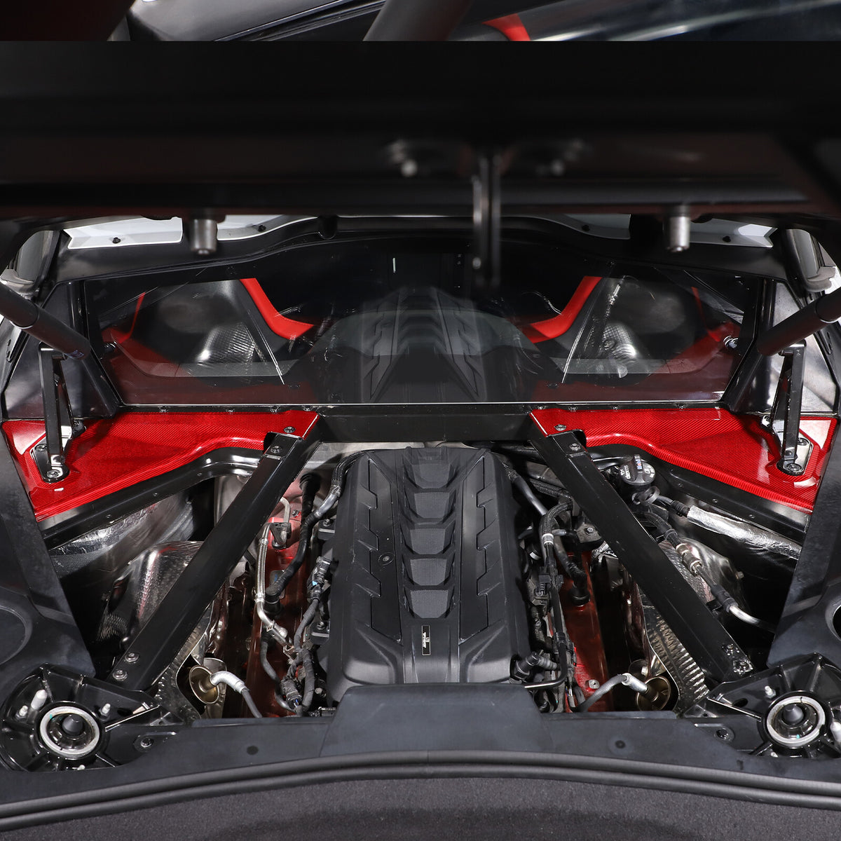 Red Real Carbon Fiber Engine Bay Glass Corner Cover Trim For Corvette C8 Coupe 6
