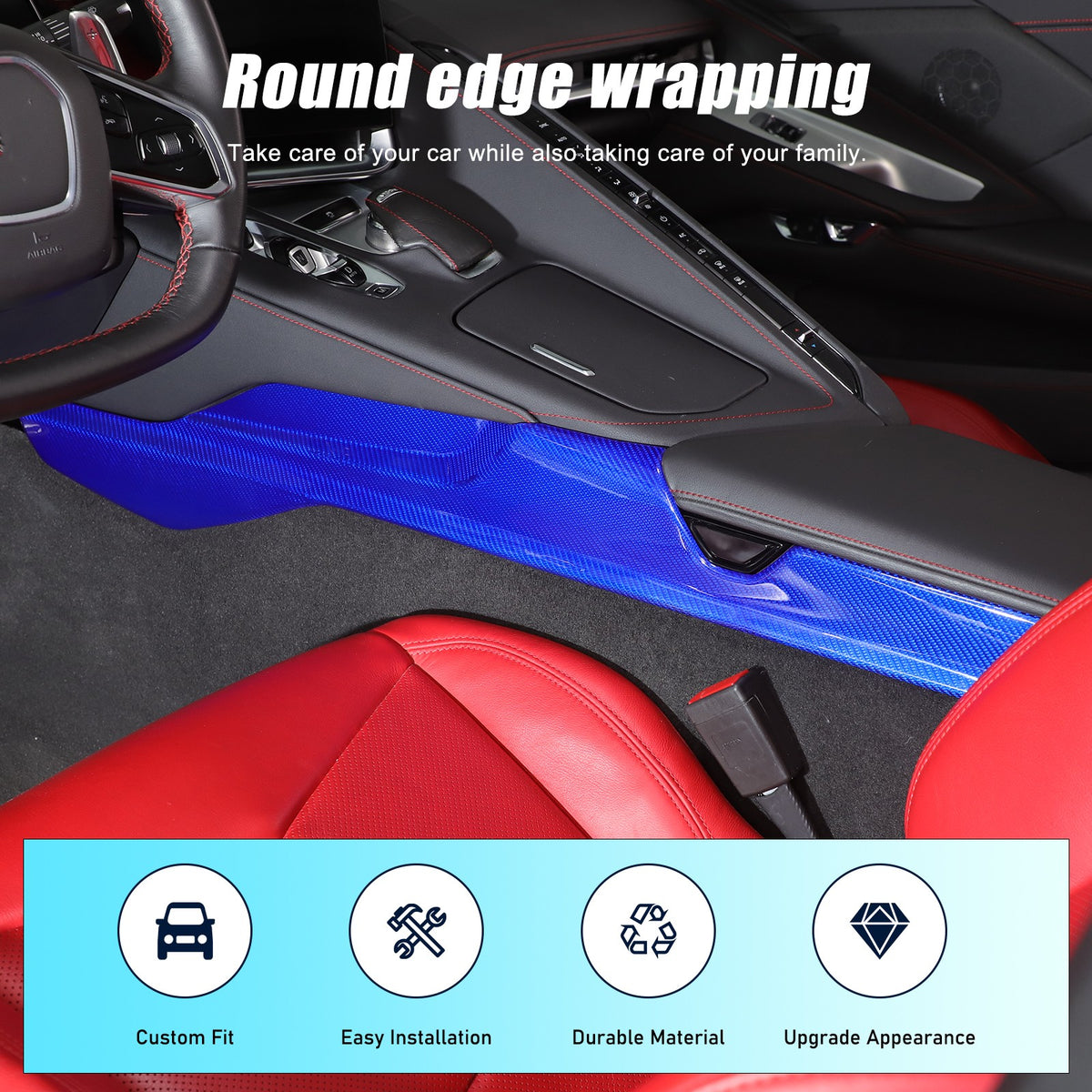 Blue Real Carbon Fiber Lower Armrest Box Panel Trim For Corvette C8 2020+ 12