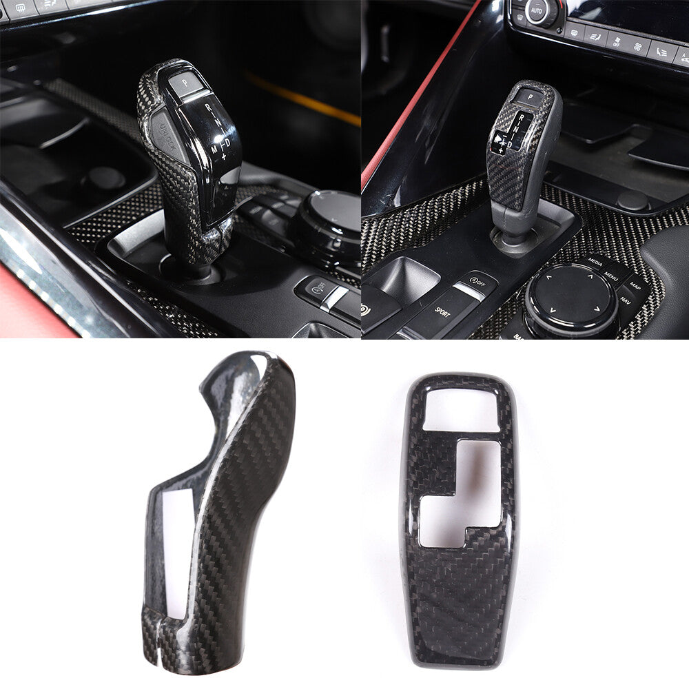 2pcs Carbon fiber Gear Shift Knob Handle Trim Cover For Toyota Supra A90 2019-22 1