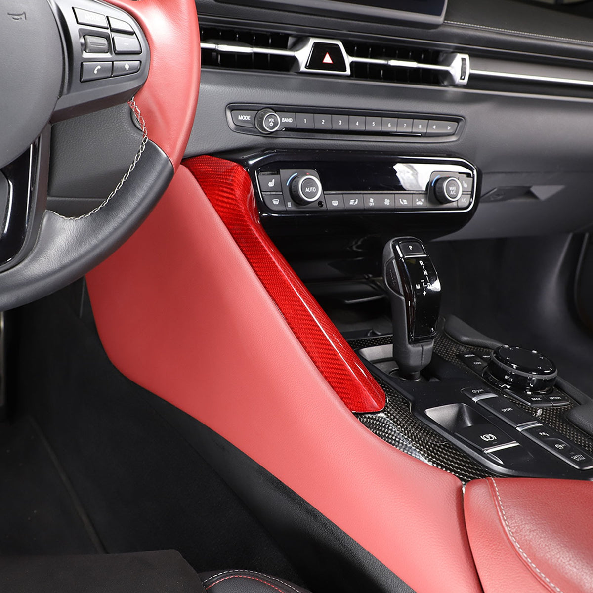 Red Real Carbon Fiber Center Gear Shift Side Panel Trim For Toyota Supra A90 19+ 2