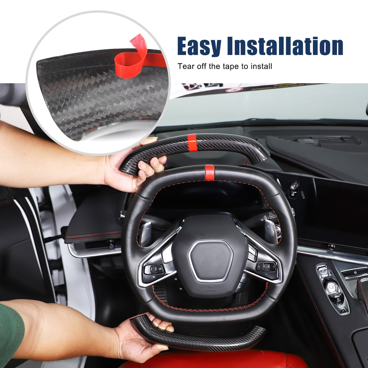Red Top Real Carbon Fiber Steering Wheel Trim Cover For Corvette C8 2020+ 4