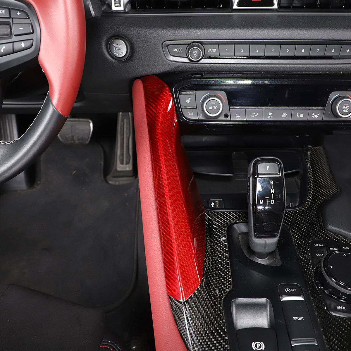 Red Real Carbon Fiber Center Gear Shift Side Panel Trim For Toyota Supra A90 19+ 24