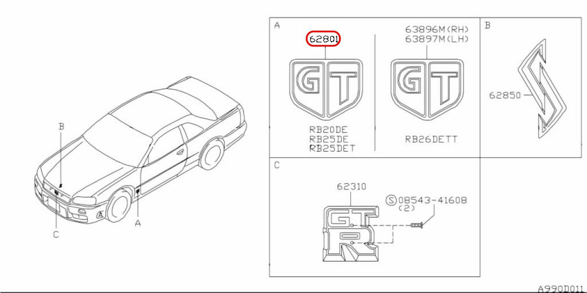 Nissan Genuine Skyline R34 99-02 Side "GT" Emblem Badge 63896-AA100 Pair Set JDM 3