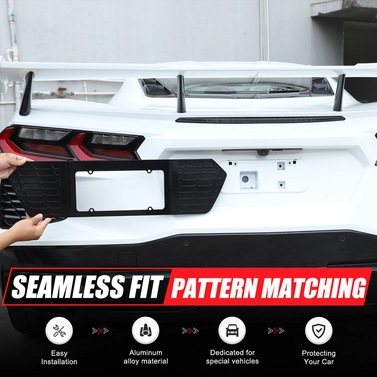 Glossy Black Alloy Rear License Plate Filler Panel Trim for Corvette C8 2020+ 5