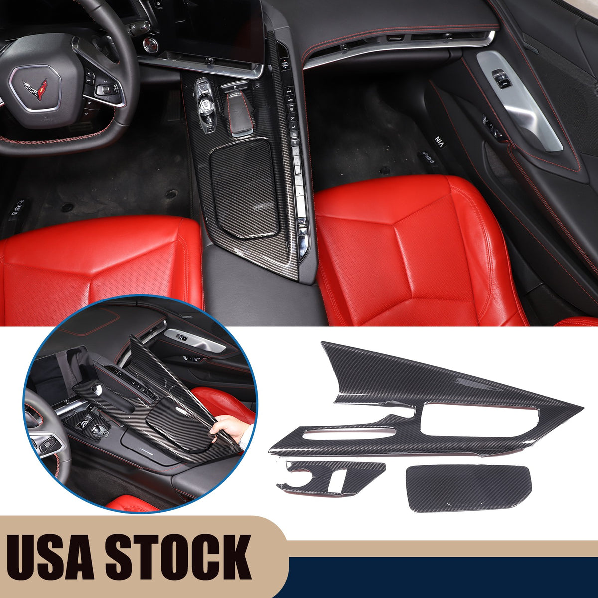 For 2020-25 Corvette C8 Interior Center Console ABS Carbon Fiber Trim Cover 1