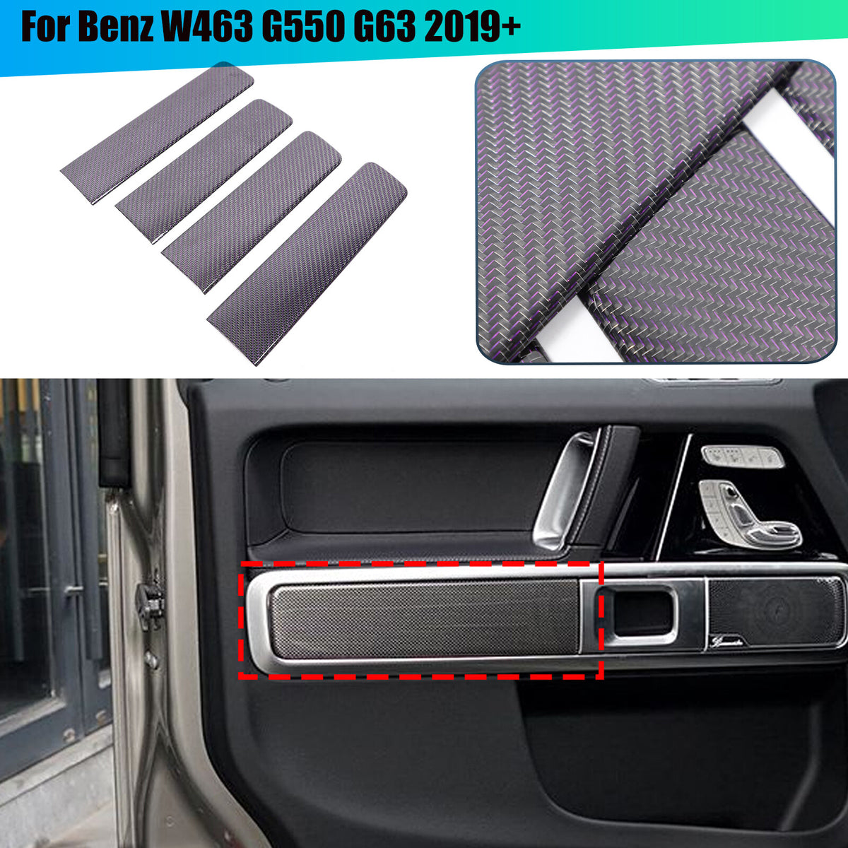 Purple Real Carbon Fiber Interior Door Panel Trim For Benz W463 G550 G63 2019+ 1