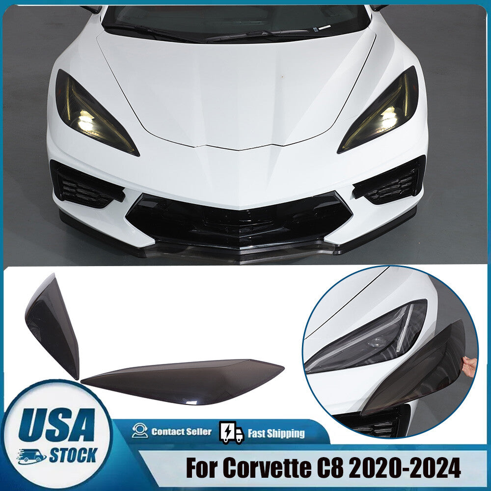 Transparent Gray Smoked Front Headlight Blackout Trim For Corvette C8 20+ US 1