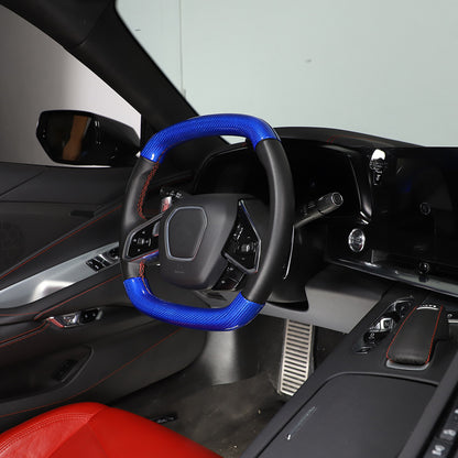 Blue Carbon Fiber Steering Wheel Top Lower Handle Cover Trim For C8 Corvette 7