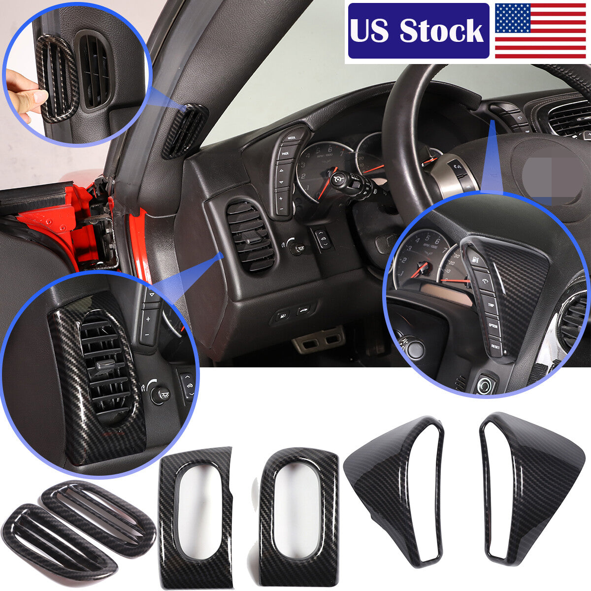 ABS Carbon Fiber Dashboard Button Air Outlet Frame Set For Corvette C6 05-13 US 1