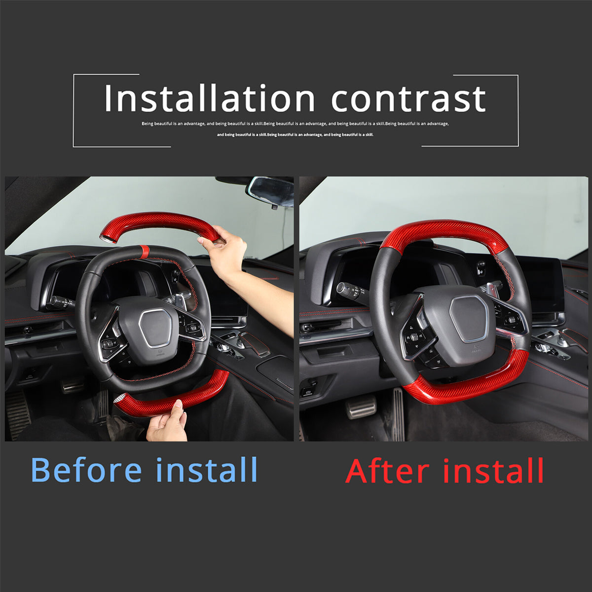Red Real Carbon Fiber Steering Wheel Top Handle Cover Trim For C8 Corvette 20-26 15