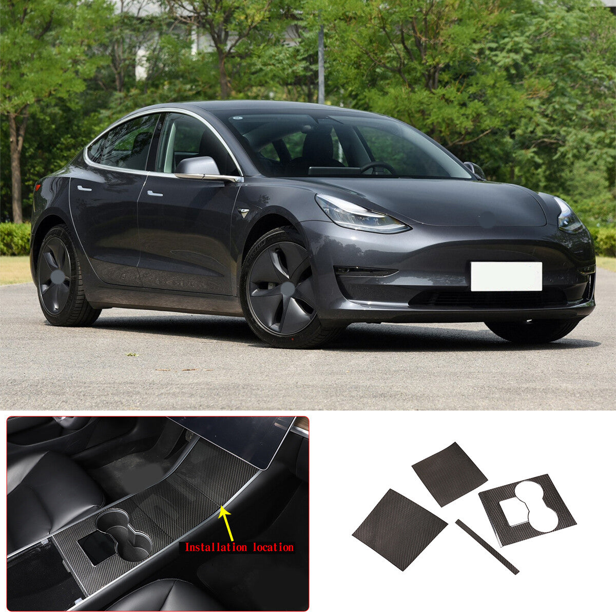 FOR 2017-2021 TESLA MODEL 3 REAL CARBON FIBER CENTER CONSOLE TRIM HARD COVER KIT 3