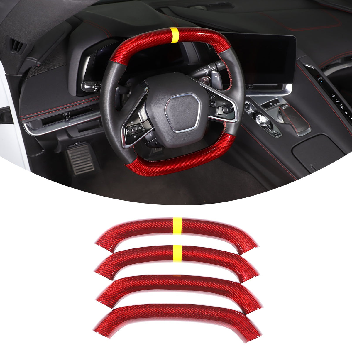 Red Real Carbon Fiber Yellow Top Steering Wheel Cover Trim For Corvette C8 2020+ 1