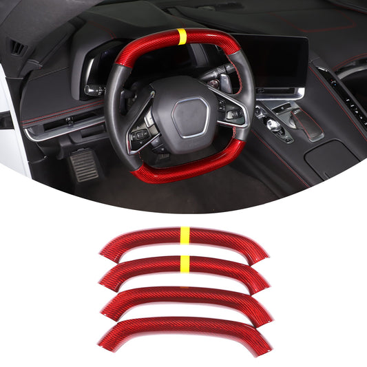 Red Real Carbon Fiber Yellow Top Steering Wheel Cover Trim For Corvette C8 2020+ 1