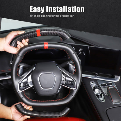 Red Top Real Carbon Fiber Steering Wheel Trim Cover For Corvette C8 2020+ 3