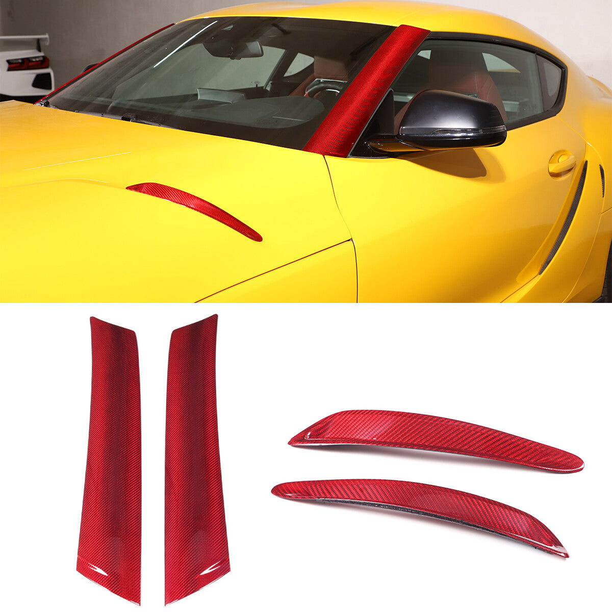 for Toyota GR Supra A90 19+ Red Carbon Fiber A pillar & Hood Air Vent Cover Trim 1