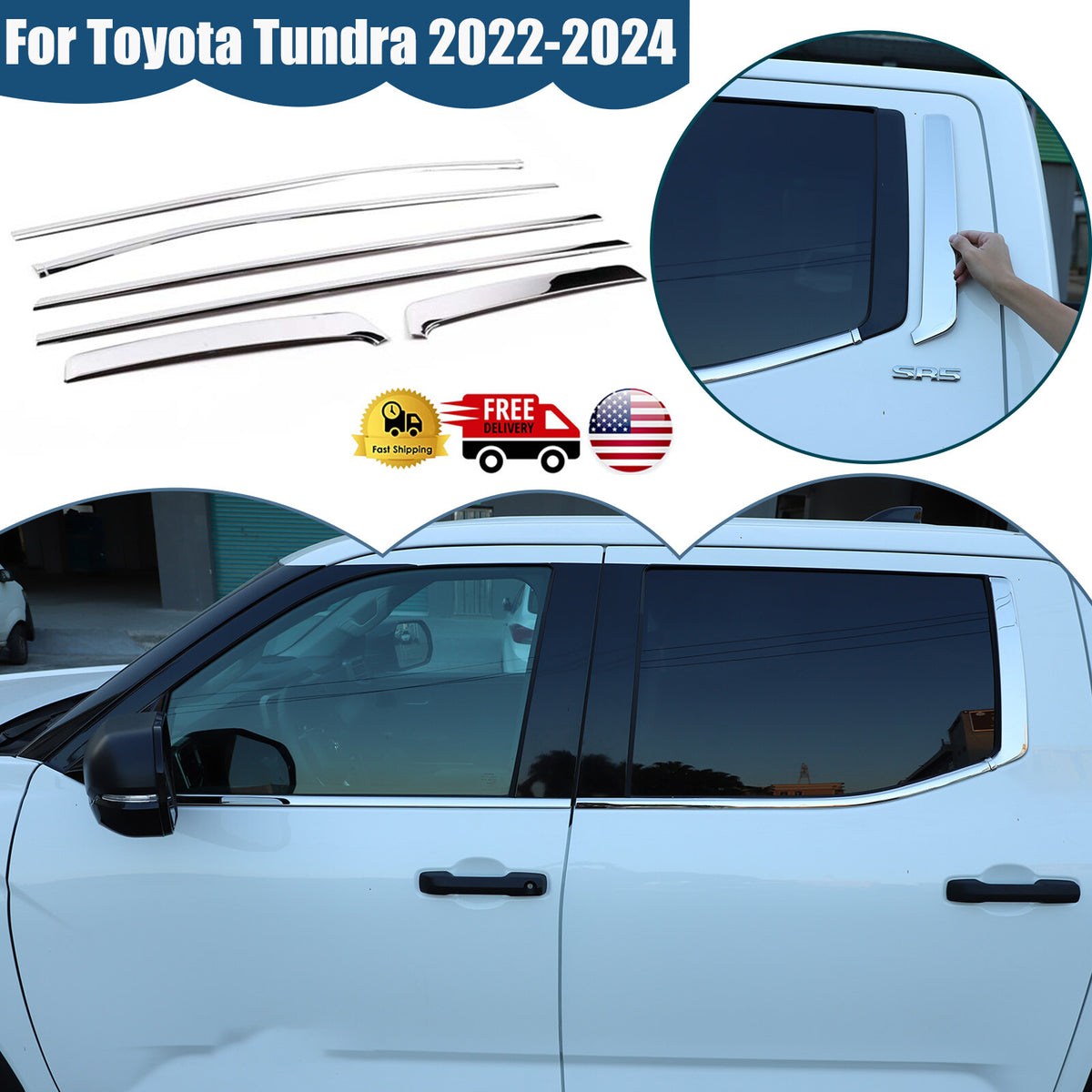 Chrome Door Window Bottom Sill Trim Strip Cover Decor For Toyota Tundra 2022-26 1