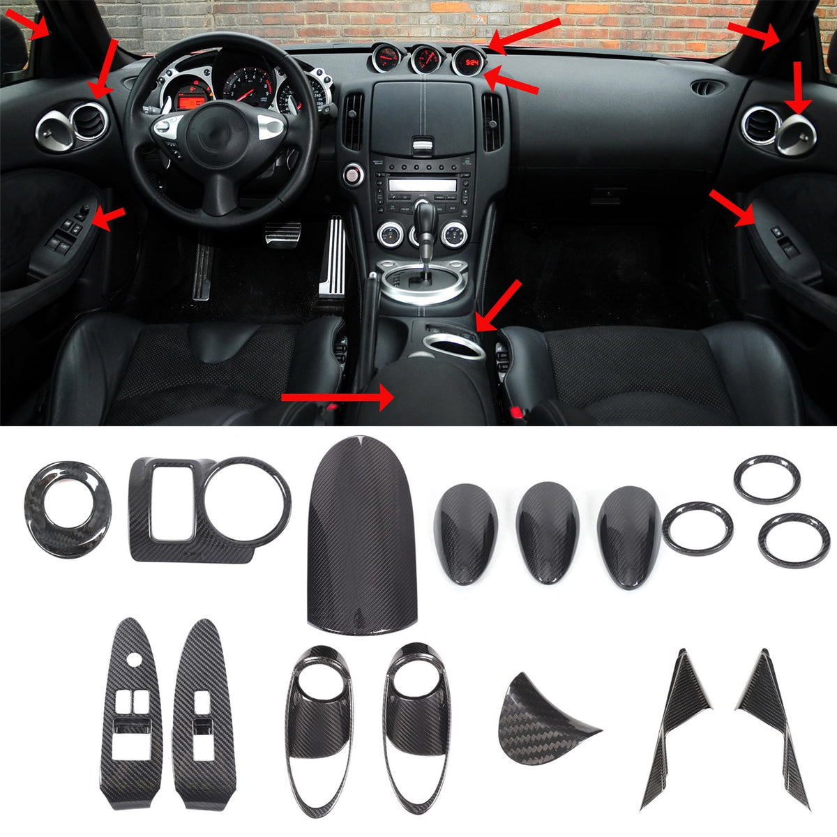 Real Carbon Fiber Full Center Console Trim Set For Nissan 370Z Z34 MT/AT 2009-20 1