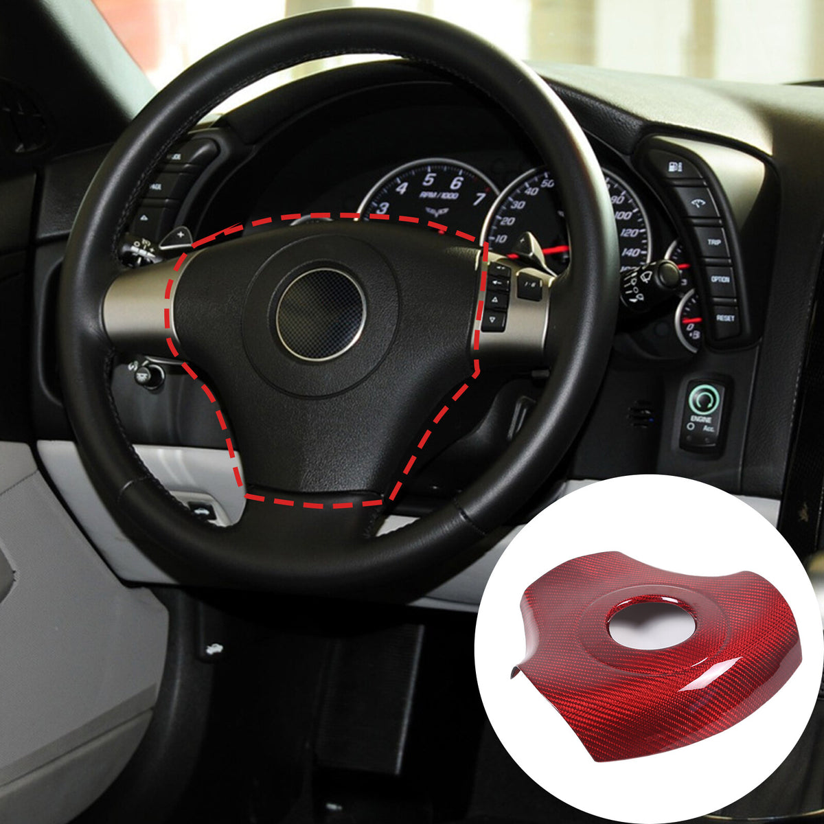 Red Real Carbon Fiber Steering Wheel Center Trim Sticker For Corvette C6 2005-13 5