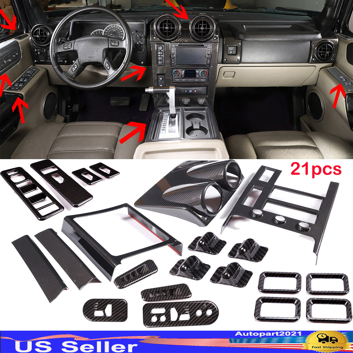 21PCS ABS Carbon Fiber Interior Cover Dash Trim Kit For Hummer H2 2003-2007 3