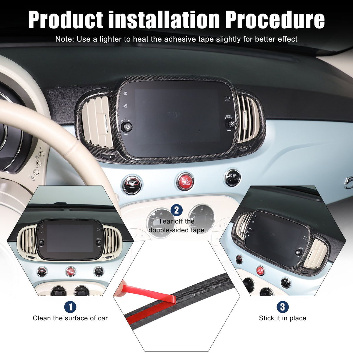 Real Carbon Fiber Center Console Air Vent Trim For Fiat 500/Abarth 595 695 21-23 24